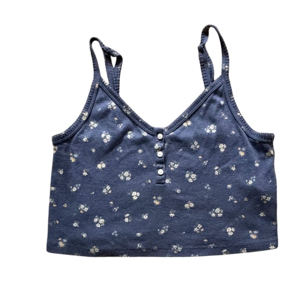 American Eagle Floral Cropped Adjustable Strap Tank Top-Blue-Large